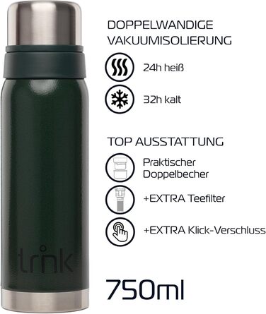 Термос trnk Outdoor polar 2, 750 мл, нержавіюча сталь, BPA-free, з 2 чашками, тримає тепло 24 години, підходить для посудомийної машини, зелений
