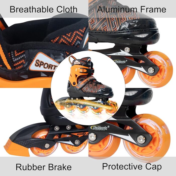 Роликові ковзани Nattork для хлопчиків з підсвічуванням, розмір 37-39, помаранчевий (для початківців)