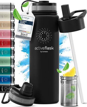 Термос- пляшка з нержавіючої сталі ACTIVE FLASK з трубочкою, 3 кришки, BPA-free, герметична, для газованих напоїв, ізотермальна пляшка для води, спорту, велосипеда, чаю, для дітей