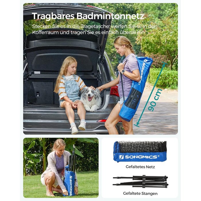 SONGMICS Сітка для бадмінтону/волейболу, регульована висота, переносний набір (300/400/500 см, блакитна)