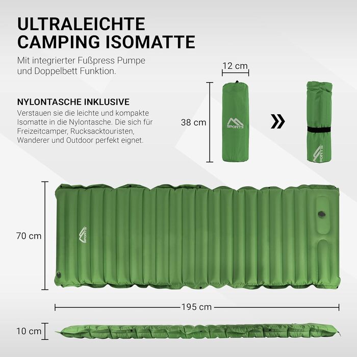 MSPORTS Каремат для кемпінгу Premium, Ultraleichte Isomatte для відпочинку на природі з насосом для ніг, вологостійкий, для піших прогулянок, кемпінгу, пляжу (Оливковий)