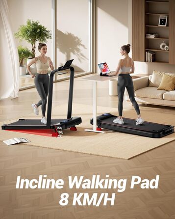 Lontek Walking Pad: Біговий килимок з нахилом 15% для дому з 2.5PS мотором та трійною амортизацією. Макс. навантаження 136 кг, чорний