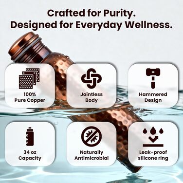 Фляга для води з міді, 1000 мл, античний дизайн, з кришкою та сумкою. Ідеально для офісу та йоги. (1 шт.)