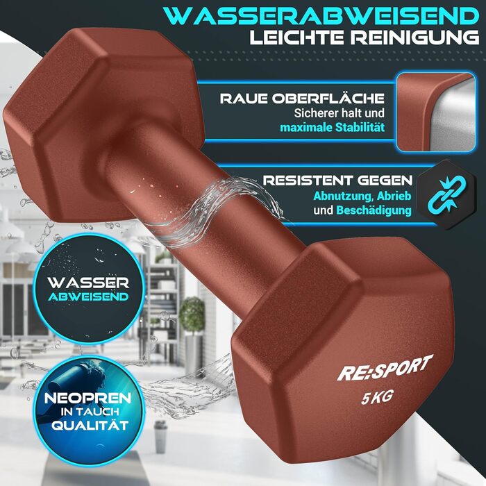 Набір гантелей RE:SPORT® 3 пари (1-5 кг, 12 кг або 18 кг) зі стійкою та 3 фітнес-гумками. Нековзкі гантелі з неопрену для жінок та чоловіків. Кольори: бірюзовий/сірий/темно-синій (бірюзовий/петроль/теракота, 18 кг)