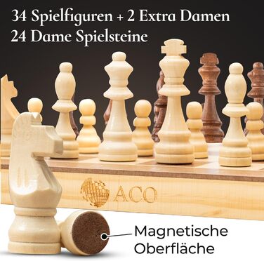 Шаховий набір ACO з шаховою книгою, 38 x 38 см: шахи та шашки з горіха, складаний, з магнітами та сумкою для перенесення