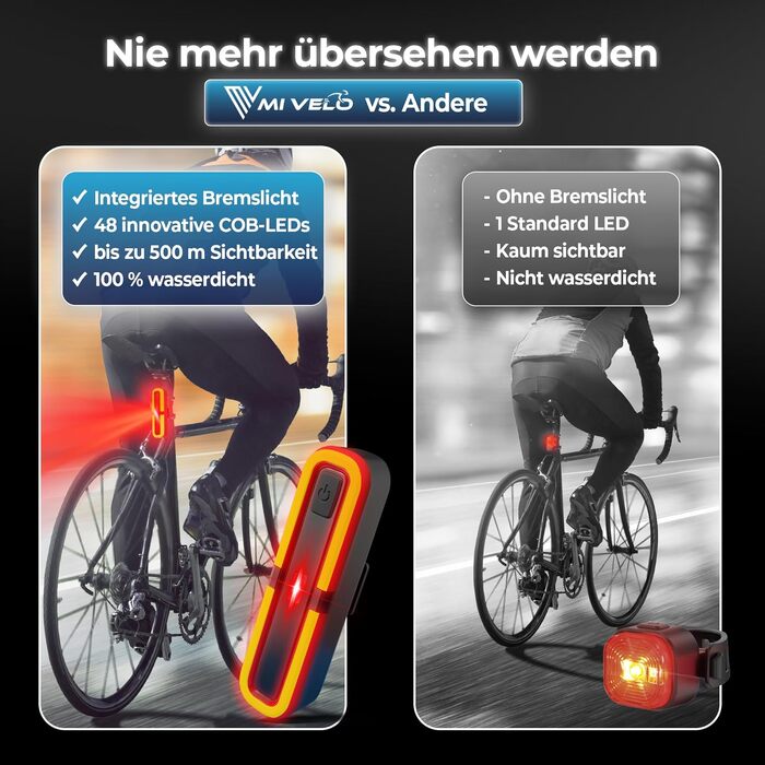 Велофара MIVELO з гальмівною індикацією - комплект передньої та задньої велолампи LED, StVZO, IPX5, USB, Power-Akku