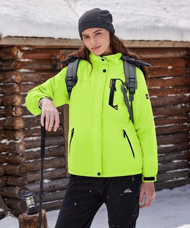 TACVAEN Куртка перехідна жіноча тепла зимова фльорокована куртка для хаджінг, водонепроникний блискавка, біло-чорний (XL, неоново-зелений)