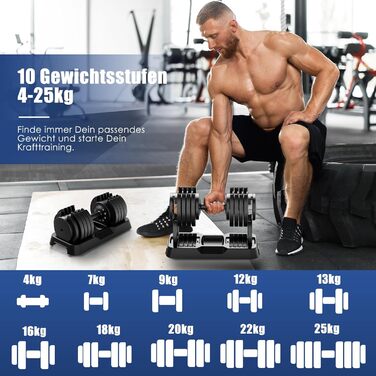 DH FitLife: Регульовані гантелі 25 кг (4-25 кг) з 10 рівнями ваги, комплект гантелей для дому та фітнесу