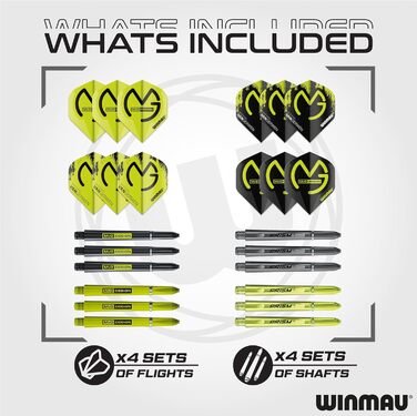 Подарунковий набір дартсу Winmau Michael Van Gerwen MvG, 50 елементів: 4 комплекти стрижнів, 4 комплекти оперень, аксесуари, Softip