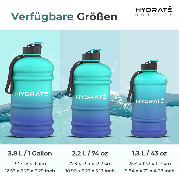 Фляга для води HYDRATE XL 2,2 л - для спортзалу, спорту та подорожей, не протікає, BPA-free, міцна, велика, 2200 мл (Блакитна Лагуна)
