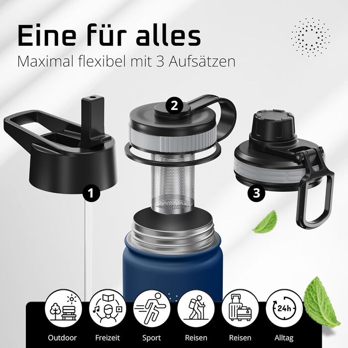 Фляга ACTIVE FLASK з нержавіючої сталі з трубочкою (3 кришки), BPA-free, не протікає, підходить для газованої води - спортивна пляшка, термопляшка, ізотермічна пляшка для води, дитяча пляшка для чаю (680 мл, темно-синій)