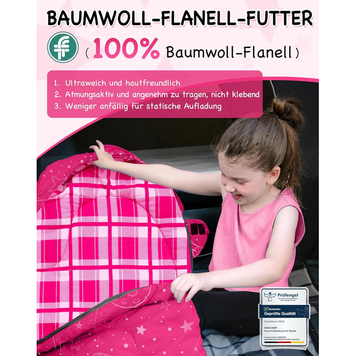 Спальний мішок KingCamp для дітей, фланелевий, легкий, водонепроникний, компактний, зимовий, 4 сезони, для кемпінгу, підходить для дітей до 140 см, комфортна температура: 7°C, рожевий, регульована довжина