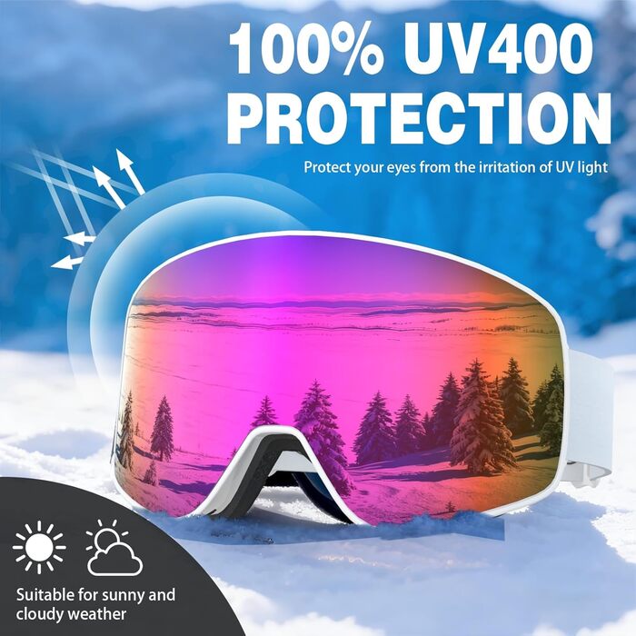VCOROS Скі-маска з змінним склом, унісекс, захист від УФ, проти запотівання, регульований ремінь, сноуборд маска 02-Срібло/Білий + лінза (VLT13 %) 04-REVO Рожевий/Білий + лінза (VLT14 %)