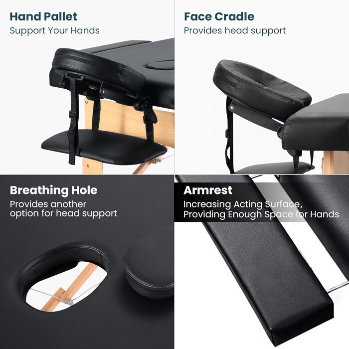 Складаний мобільний масажний стіл BODIOO з дерев'яними ніжками, 2 зони, регульована висота, до 250 кг, чорний