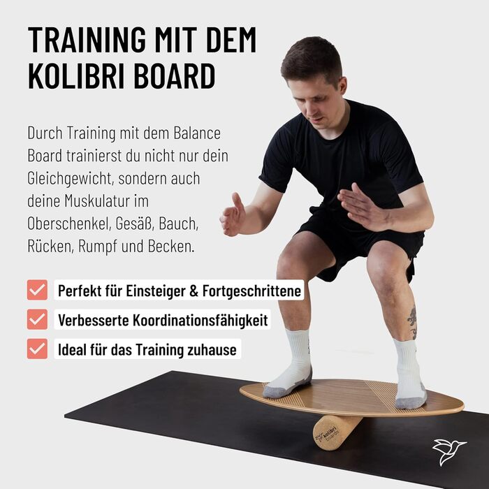 Балансувальна дошка Kolibri Board Round Grip з корковим валиком, дерево, без пластику, екологічна, для початківців і досвідчених, Німеччина, коричнева