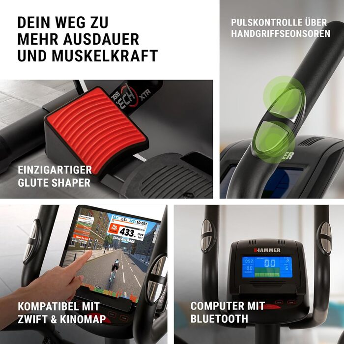 Еліптичний тренажер HAMMER Crosstech XTR BT з Glute Shaper та світлоіндикатором навантаження, 21 програма
