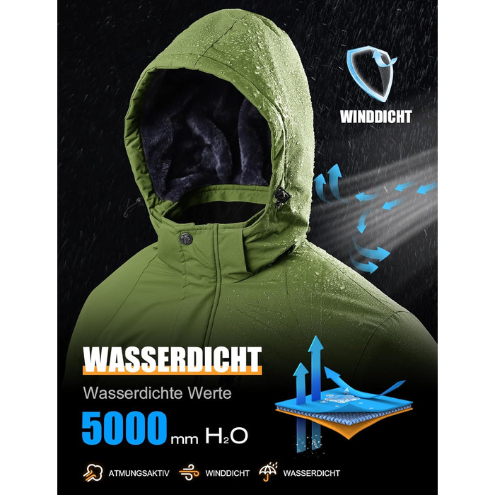 Чоловіча зимова куртка YSENTO, водонепроникна, тепла флісова підкладка, софтшелл, дихаюча, для катання на лижах та сноуборді з капюшоном (L, Зелений)