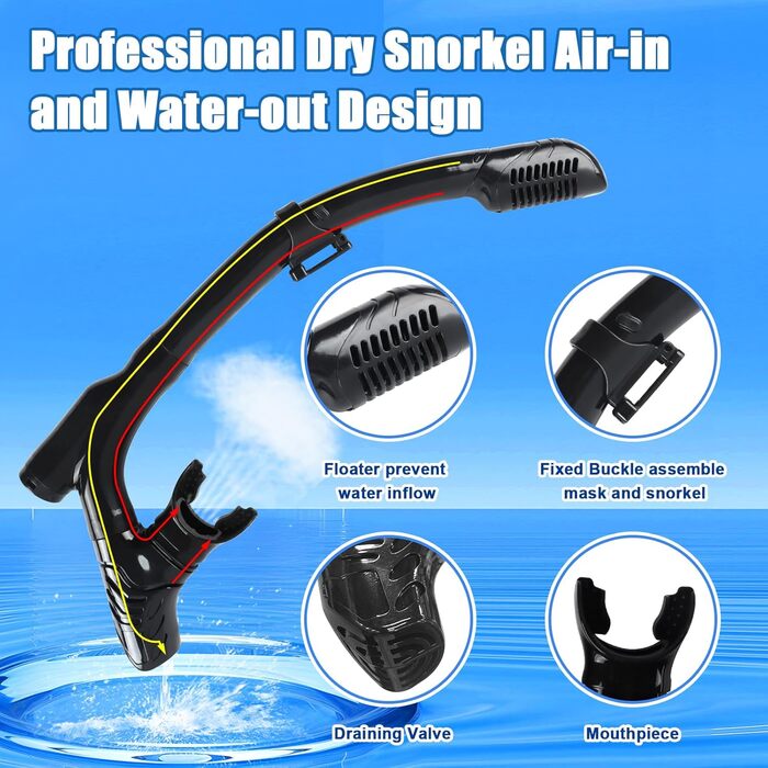 Набір для снорклінгу для дорослих та дітей: маска та трубка Dry, антизапітніння, анти-тік, чорний