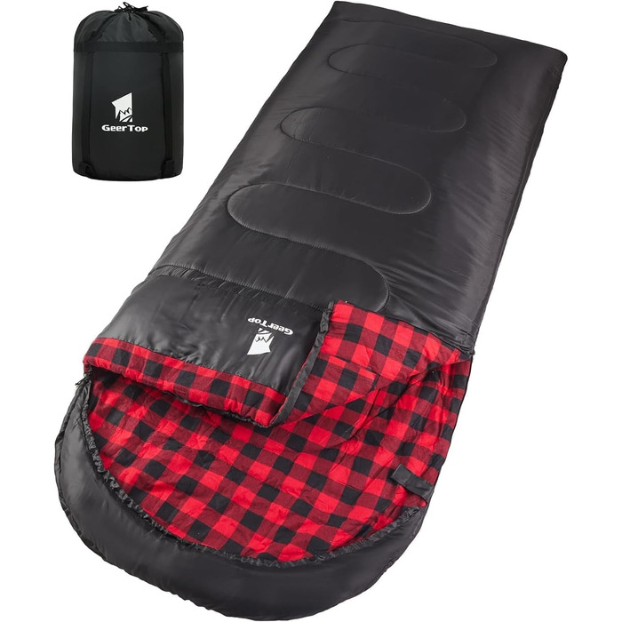 Спальний мішок GEERTOP XXL 4 сезони, фланель, 220x100 см, для дорослих, кемпінг, подорожі, туризм (чорний з червоною клітинкою)
