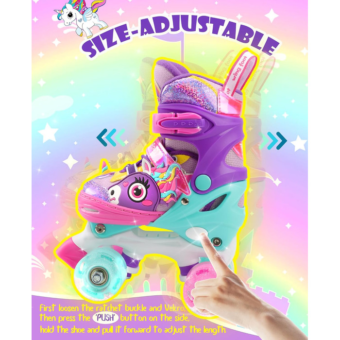 Дитячі ролики Єдиноріг для дівчаток та хлопчиків, регульовані розміри, світлові колеса, ролики-човники для початківців, фіолетовий колір