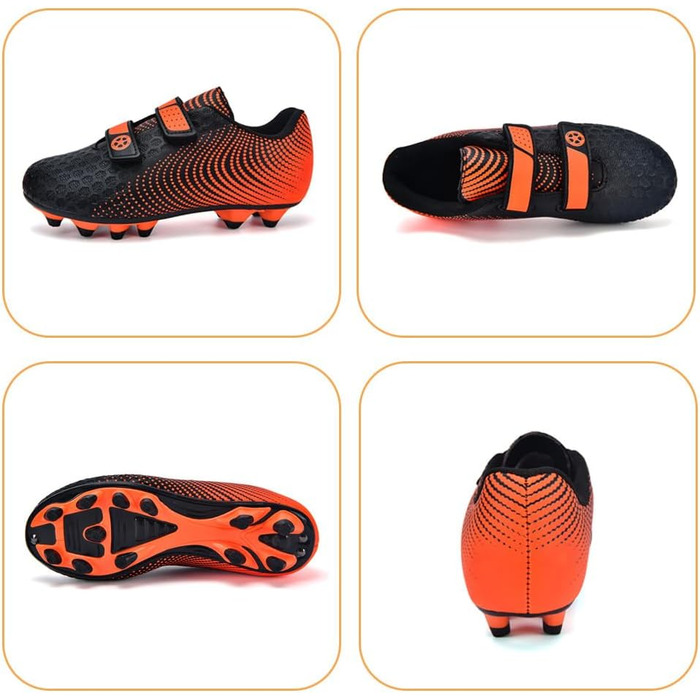 Дитячі футбольні бутси для хлопчиків та дівчаток, футбольні черевики з шипами для твердого поля, дитячі спортивні взуття для тренувань та занять на відкритому повітрі, дихаючі, антиковзкі, унісекс, розмір 28-37, 36 EU, чорний, оранжевий