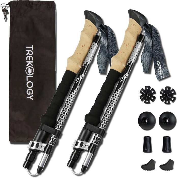 Телескопічна тростина Trekology Trek-Z 2.0, алюмінієва, легка, складана, з корковою ручкою, 100-120 см, для туризму, трекінгу, для людей похилого віку, чорна