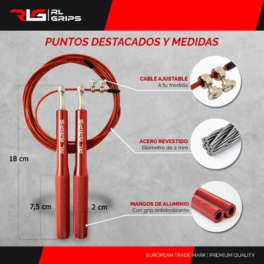 RL Grips® Скакалка для кросфіту з алюмінієвою ручкою - Скакалка з тросом 2 мм - Для кардіотренувань, фітнесу та занять у залі (Червона (Скакалка + запасні частини))