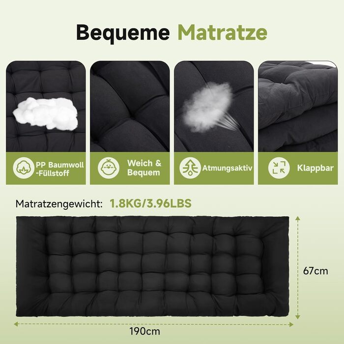 Розкладне ліжко Warmiehomy XXL з матрацом для дорослих, гостьове ліжко, широке та міцне, для кемпінгу, відпочинку, офісу, саду, сіре (чорне), з матрацом