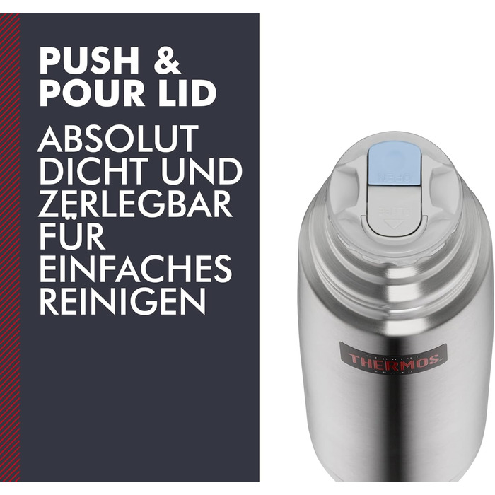 Термос Thermos Light & Compact 1 л, нержавіюча сталь, ізольована пляшка з чашкою, червоний, тримає тепло 12 годин / холод 24 години, герметичний, без BPA, підходить для миття в посудомийці