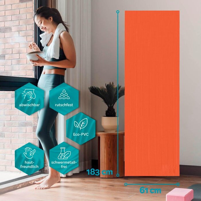 Килимок для йоги та фітнесу, тонкий 183 x 61 x 0,4 см | Килимок для гімнастики, тренувань, пілатесу | Звукоізоляційний, неслизький, міцний (Кропива)