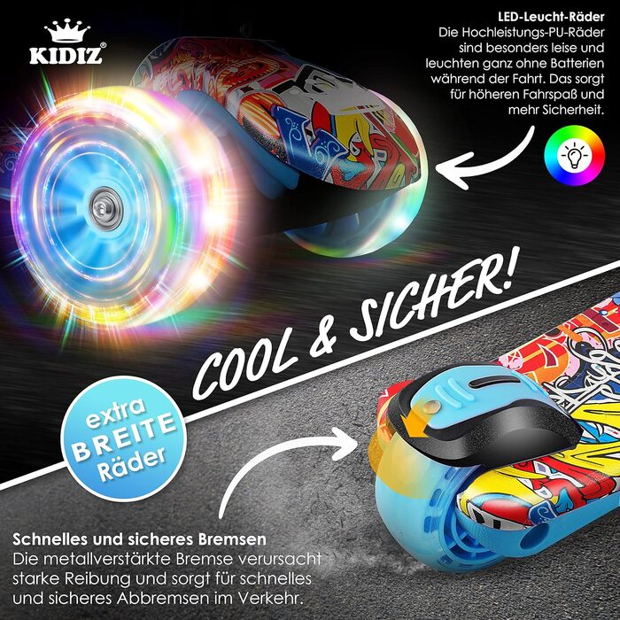 Дитячий самокат KIDIZ X-Pro2 триколісний, складаний, з LED колесами, PU, регульована висота, для хлопчиків і дівчаток 3-12 років