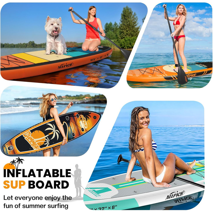 Набір SUP-дошки ALLPICK Premium: надувна дошка для сапсерфінгу з кріпленням для камери, повний комплект аксесуарів, регульоване весло, для початківців та досвідчених, 200 кг (Колір: Захід сонця - Оранжевий)