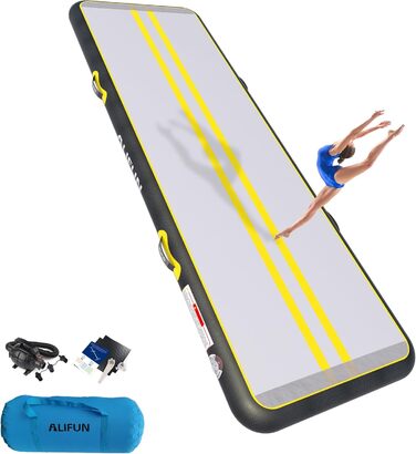 ALIFUN Килимок для гімнастики та акробатики ALIFUN Air Matte Track, надувний, 2м/3м/4м/6м, висота 10/20см, з насосом, для дому, фітнесу, тренувань, черлідингу, басейну (Чорно-жовтий, 400*100*15см)