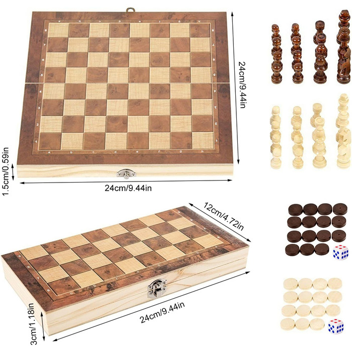 Шаховий набір з дерева 3 в 1, складаний, для подорожей, 24x24 см