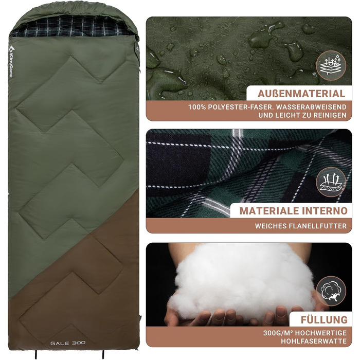 Сплячий мішок KingCamp Flannel для дорослих, 3-4 сезони, ультралегкий, бавовна, теплий, ковдровий, водонепроникний, для кемпінгу (зелений/коричневий, L, блискавка)