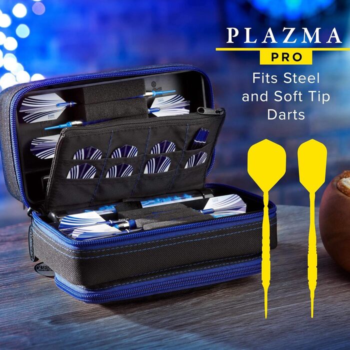 Чохол для дартс Casemaster Plazma Pro на 6 дротиків (м'які та сталеві), з великою фронтальною кишенею для мобільного, вбудованими тубусами для зберігання, кишенями для оперень та наконечників, з сапфіровим оздобленням
