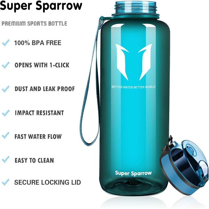 Пляшка для води Super Sparrow 1,5 л, герметична, спортивна, без BPA, для школи, спорту, велосипеда, пряме пиття, глянцева, колір Seeglas
