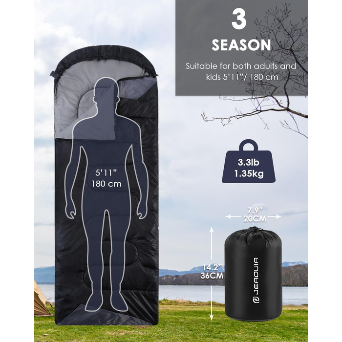 Сплячі мішки для дорослих, туристів та дітей - легкі, водонепроникні, для холодної погоди. Підходять для кемпінгу, хайкінгу, подорожей, полювання. З компресійними мішками. Чорний колір.