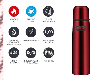 Термос для напоїв Thermos Light & Compact 1 л, нержавіюча сталь, червоний, ізольована пляшка з кришкою-чашкою, зберігає тепло/холод 24 години, герметична, BPA-free, можна мити в посудомийній машині