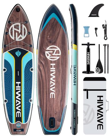 SUP дошка Hiwave надувна 380x86.4x15.2 см, до 158.8 кг, коричнева, з 3 регульованими веслами - для океану та озера