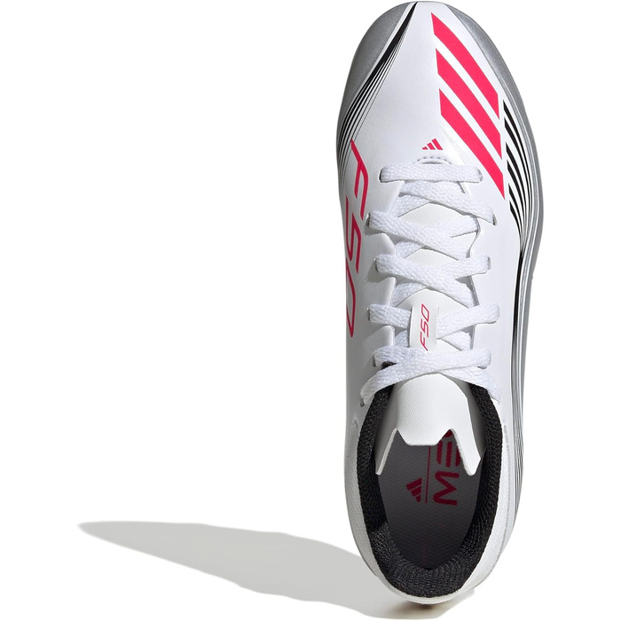 Дитячі футбольні бутси adidas F50 Messi League для гри на твердих та універсальних покриттях, розмір 37 1/3 EU, кольори: білий, червоний, срібло