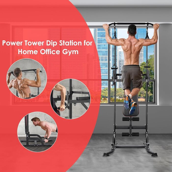Power Tower для дому: турнік, лавка, станція для віджимань, тренажер для всього тіла. Макс. вага 200 кг, з еластичними стрічками