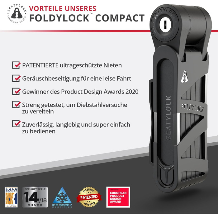 FoldyLock Compact: Патентний захист, надійний замок для велосипеда з ключем та кріпленням. 85 см, Coal. Захист для електровелосипеда, скутера та ролера