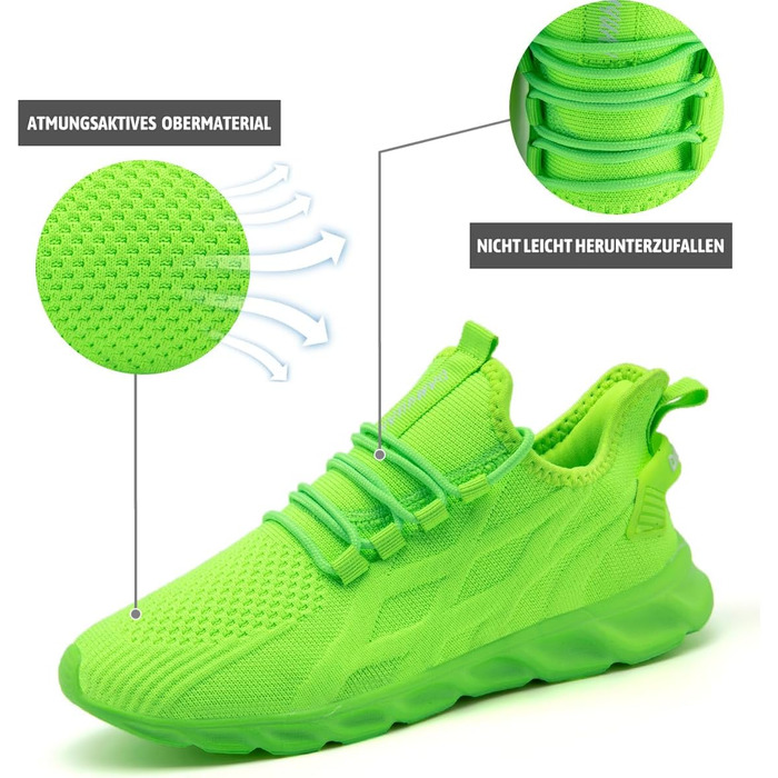 Чоловічі кросівки Linenghs для бігу, занять спортом та прогулянок. Легкі, дихаючі, чорні, з акцентами флуоресцентного зеленого (40 EU)
