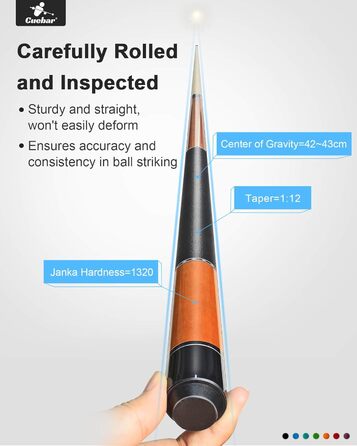 CUEBAR Більярдні кий для дорослих, 147 см, 2 частини, ручка з екошкіри, різні кольори (7 кольорів), вага 510-595 г