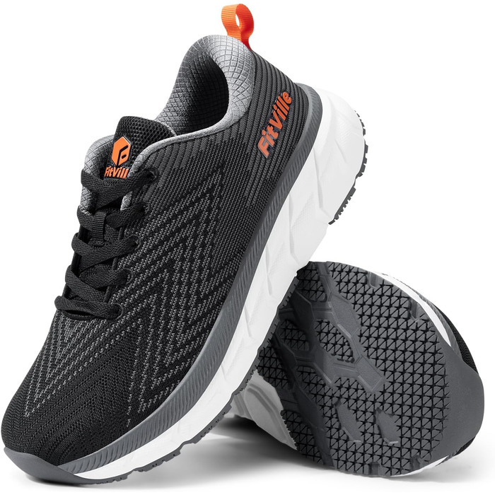 Чоловічі бігові кросівки FitVille з широкою колодкою, амортизація, легкі, дихаючі, для тенісу, фітнесу, джогінгу та ходьби (46 EU, чорний з сірим)