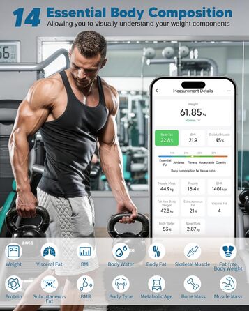 Ваги для тіла Arboleaf з USB зарядкою: аналіз жиру, м'язів, BMI та 14 показників. Цифрові ваги до 180 кг з LED-дисплеєм