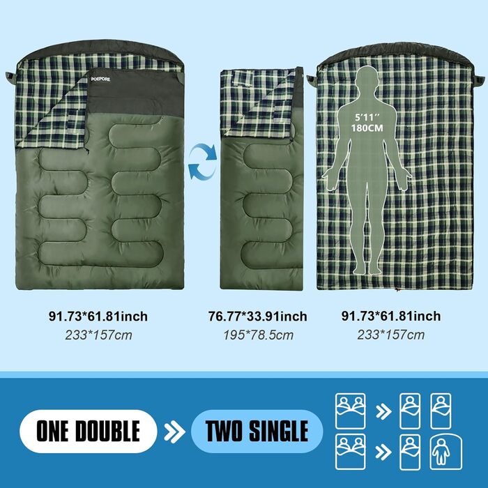 Спальний мішок для двох дорослих з флісу, зимовий, з подушками та сумкою для перенесення, 233*157 см, зелений