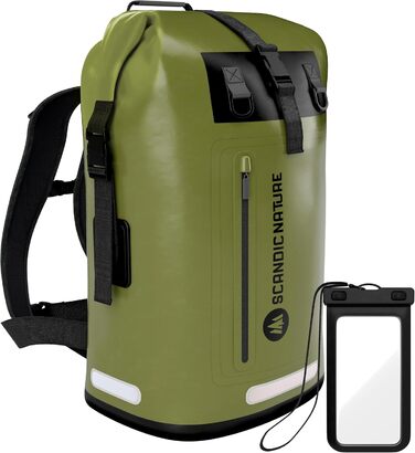 Водонепроникний рюкзак Scandic Nature Pioneer з ролтоп закриттям 35L/55L, чорний, жовтий, оливково-зелений - надміцний завдяки дну з 1000D PVC тканини, водонепроникний чохол для телефону IPX8, 35 літрів