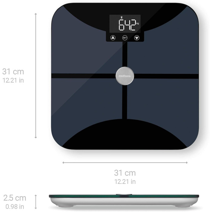 Medisana BS 652 – розумна вага-аналізатор до 180 кг з Wi-Fi/Bluetooth, для вимірювання жиру, води, м'язової та кісткової маси, сумісна з додатком VitaDock+
